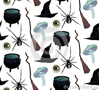 Seamless Halloween witch pattern with spiders Vector Illustration