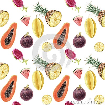 Seamless hand drawn beautiful watercolor tropical pattern with juicy fruits Stock Photo