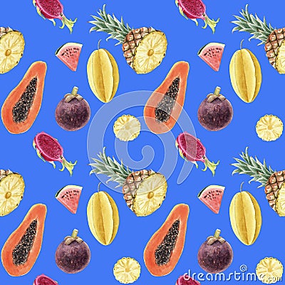 Seamless hand drawn beautiful watercolor tropical pattern with juicy fruits Stock Photo