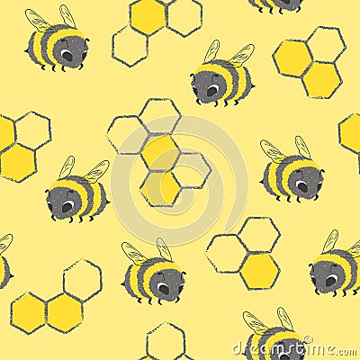 Seamless hand drawn bees pattern. Vector honey background. Vector Illustration