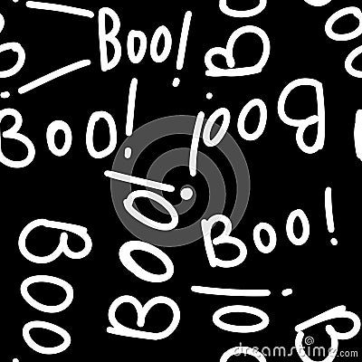 Seamless hand drawn black and white Halloween pattern with boo words cartoon ghost skull bones. Cute minimalist Stock Photo