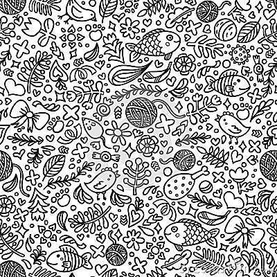 Seamless hand drawn cat dreams pattern. Coloring page. Hand-drawn illustration. Perfect antistress. Flowers, fish, toys Vector Illustration