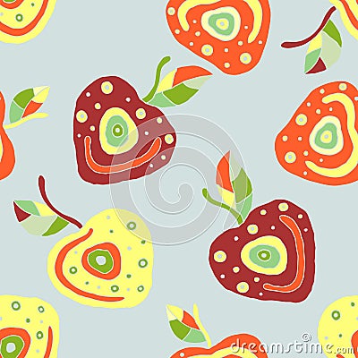 Seamless hand drawn childish pattern, border with fruits. Cute childlike cherry with leaves, seeds, drops. Doodle, sketch, Stock Photo