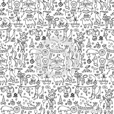 Seamless hand drawn circus animals pattern Vector Illustration