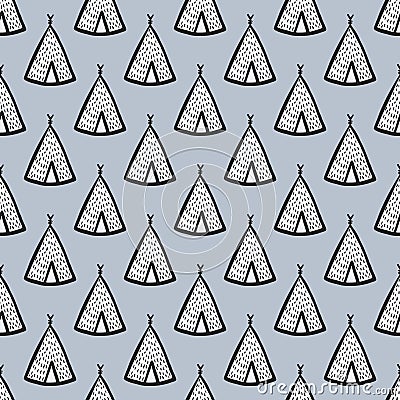 Seamless hand drawn doodle pattern with wigwam silhouettes. Little white teepees on soft blue background Cartoon Illustration