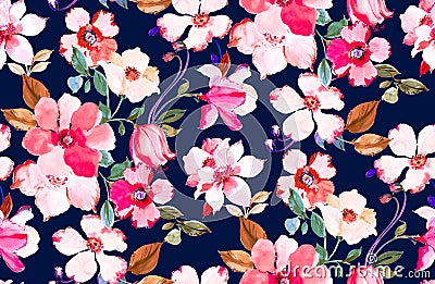 Seamless Hand Drawn Floral Design, Beautiful Flowers on Darkblue Background. Stock Photo