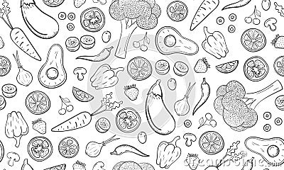 Seamless hand drawn fruit and vegetables pattern. Vegetarian healthy food concept. Monochrome vector vintage background. Vector Illustration