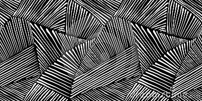 Seamless hand drawn geometric patchwork pattern made of fine white stripes on black background Stock Photo