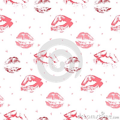 Seamless hand drawn hearts and lipstick kisses wallpaper pattern Vector Illustration