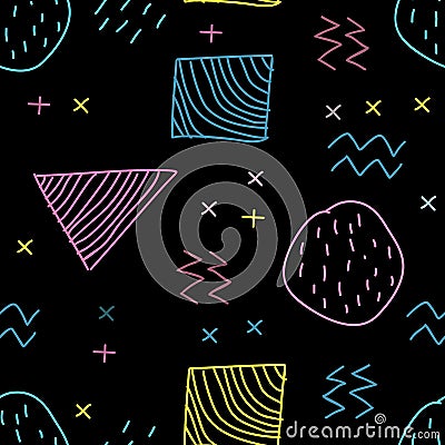 Seamless hand drawn memphis trendy hipster 80s, 90s. Creative children drawing style with dark background. Vector Illustration