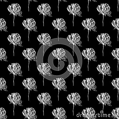 Seamless hand drawn pattern of abstract rose flowers isolated on black background. Vector floral illustration. Cute doodle modern Cartoon Illustration