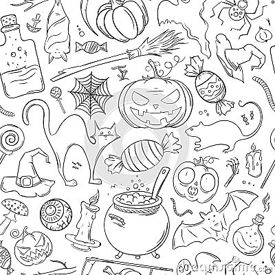 Seamless hand drawn pattern with Halloween attributes. Vector Illustration