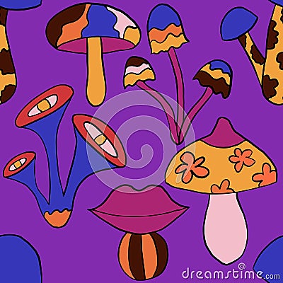 Seamless hand drawn pattern with hippie groovy mushrooms in orange purple blue red colors. Retro vintage 1960s 1970s Stock Photo