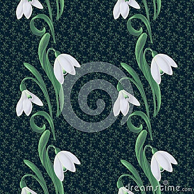 Seamless hand-drawn pattern with snowdrops in white and green on a dark green background. Stock Photo