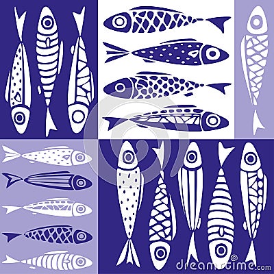 Seamless hand-drawn simple pattern with decorative fish in scandinavian design style Vector Illustration