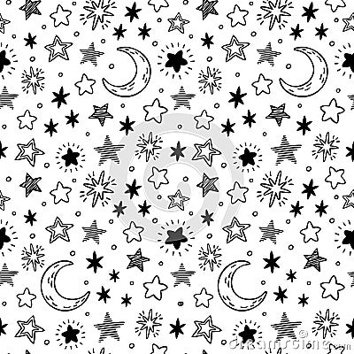 Seamless hand drawn stars. Starry sky sketch, doodle star and night vector pattern illustration Vector Illustration