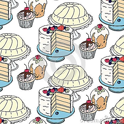 Seamless hand drawn vector pattern. Cakes and cupcakes on a blue background Vector Illustration