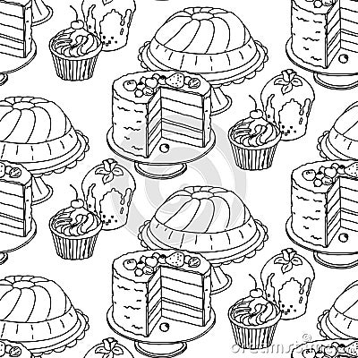 Seamless hand drawn vector pattern. Cakes and cupcakes on a white background Vector Illustration