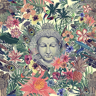 Seamless hand drawn watercolor pattern with buddha head, indian emblem, flowers, leaves, feathers, flowers. Stock Photo