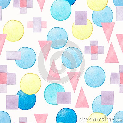 Seamless hand drawn watercolor pattern with pink,blue and violet different geometric shapes on a white background.Abstract Stock Photo