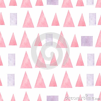 Seamless hand drawn watercolor pattern with pink and violet gradient triangles,rectangles and square on a white background. Stock Photo