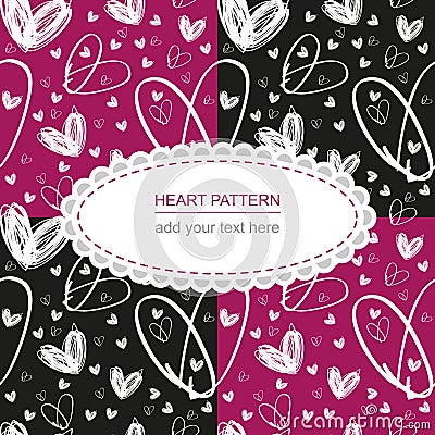 seamless hand drawn white heart texture on pink and black background with label Vector Illustration