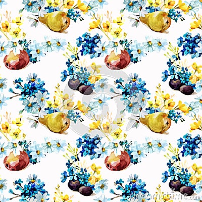 Seamless hand painted pattern with fruits and bright flowers on a white background Stock Photo