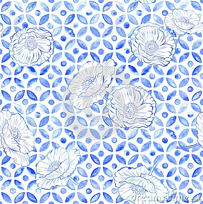 Moroccan poppies seamless tile - indigo blue watercolor Stock Photo