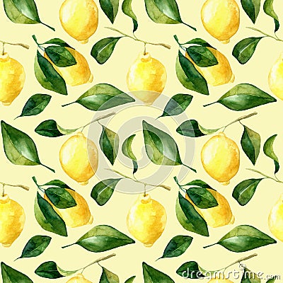 Seamless hand rawn watercolor lemon pattern on yellow background. Botanical illustration of yellow citrus fruits. Ideal Cartoon Illustration