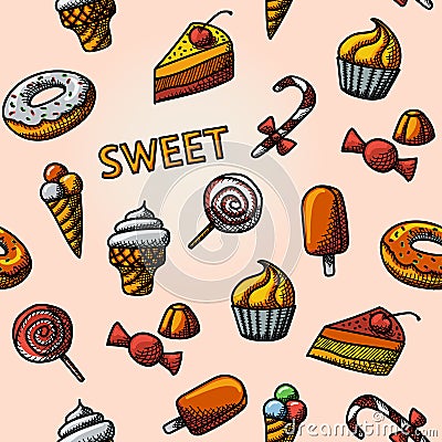Seamless handdrawn pattern with - cupcakes, donuts Vector Illustration