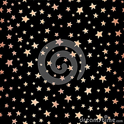 Seamless Handdrawn stars copper foil on black vector background. Pattern for Christmas and celebrations. Hand drawn rose gold Vector Illustration