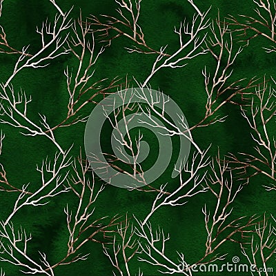 Seamless handmade watercolor pattern with twigs. Christmas pattern for gift wrap, stationary or decoration. Stock Photo