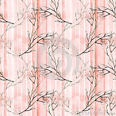 Seamless handmade watercolor pattern with twigs. Christmas pattern for gift wrap, stationary or decoration. Stock Photo