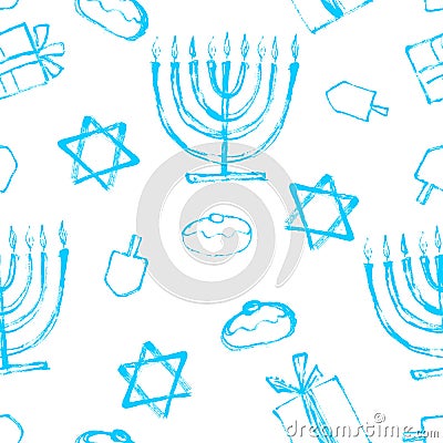 Seamless Hanukkah blue pattern with wooden dreidels, donuts, gift boxes and menorah traditional Candelabra. Happy Hanukkah, Vector Illustration