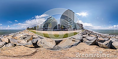 360 seamless hdri panorama view on seashore or ocean with skyscrapers with blue sky and good weather in equirectangular spherical Stock Photo