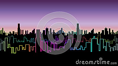 Seamless header of the city at night with versicolor neon color. Vivid glow of the contours of skyscrapers. Vector Illustration