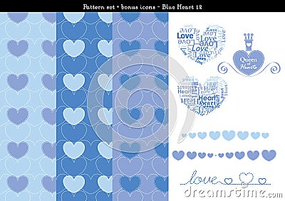 Seamless heart backgrond in blue color theme with bonus icons - 12 Stock Photo