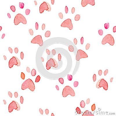 Seamless heart paws traces watercolor pattern Stock Photo