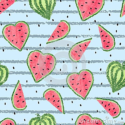 Seamless heart shaped watermelon pattern Vector Illustration