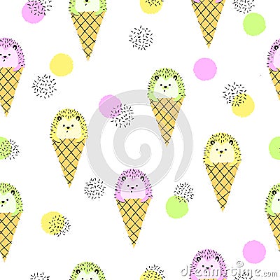 Seamless hedgehog ice cream cone pattern. Vector Illustration