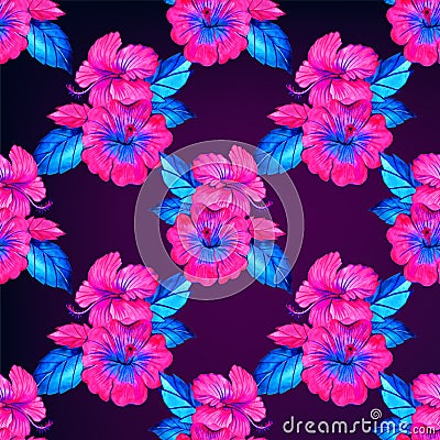 Seamless hibiscus summer fashion floral pattern. Tropical flowers and exotic leaves. Watercolor illustration on neon Cartoon Illustration