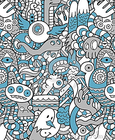 Seamless Hipster Doodle Monster Pattern Vector Illustration