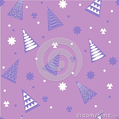 Seamless holiday pattern with Christmas decorations from snowflake, spruces. Vector Illustration