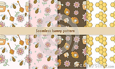 Seamless honey pattern with bees, flower, honeycomb, jar Stock Photo