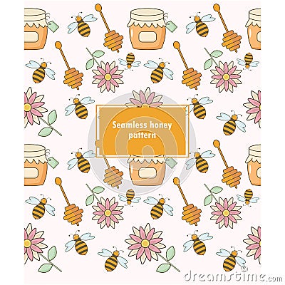 Seamless honey pattern with bees, flower, jar Stock Photo