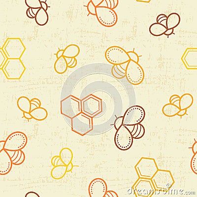 Seamless honey pattern with outlined honey bees and honey cells Vector Illustration