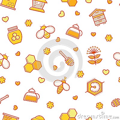 Seamless honey pattern with stroked beekeeping signs Vector Illustration