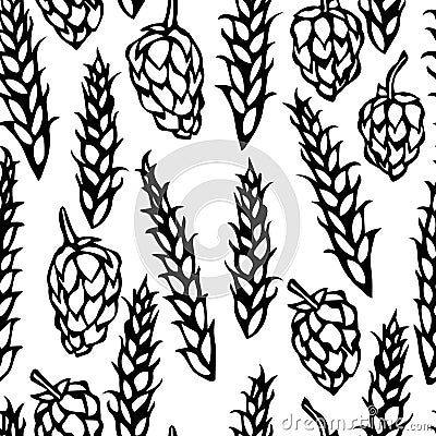 Seamless with Hop and Malt. Beer Pattern. Isolated On a White Background Realistic Doodle Cartoon Style Hand Drawn Vector Illustration