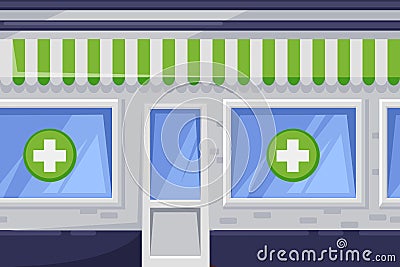 Seamless horizontal background with green pharmacy shop. Vector cartoon illustration of city drugstore building Vector Illustration