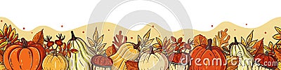 Seamless horizontal background with orange pumpkins and autumn leaves. Seasonal vector border for greeting / promotion. Fall, Vector Illustration